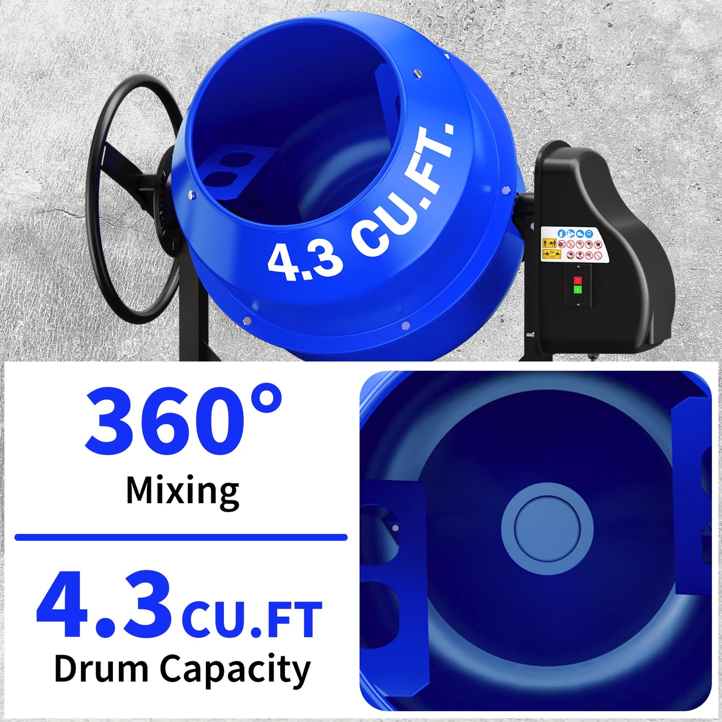 BSMTEK Electric Cement Mixer, 4.3 Cubic Ft. 450W Portable Concrete Mixer Machine with Stand And Wheels for Stucco, Mortar, Seeds, Blue-2026 Upgraded