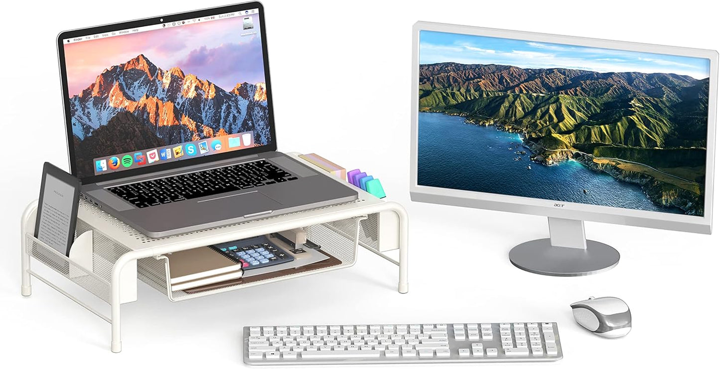 White Metal Monitor Stand with Organizer Drawer - Simple Houseware