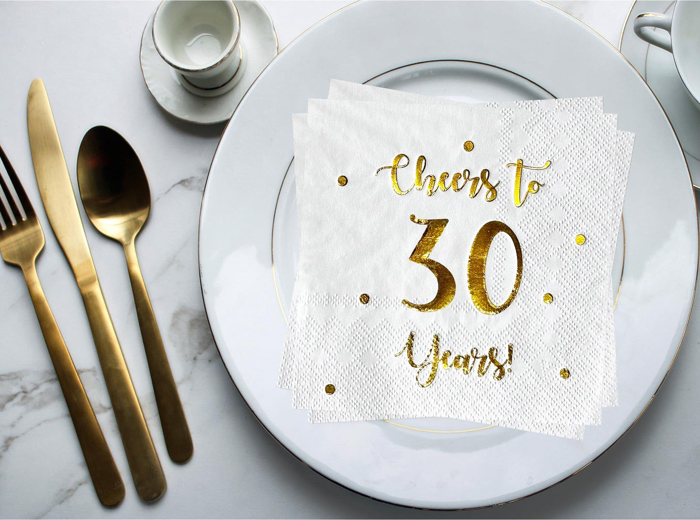 Cheers to 30 Years Cocktail Napkins | Happy 30th Birthday Decorations for Men and Women and Wedding Anniversary Party Decorations | 50-Pack 3-Ply Napkins | 5 x 5 inch folded (White)