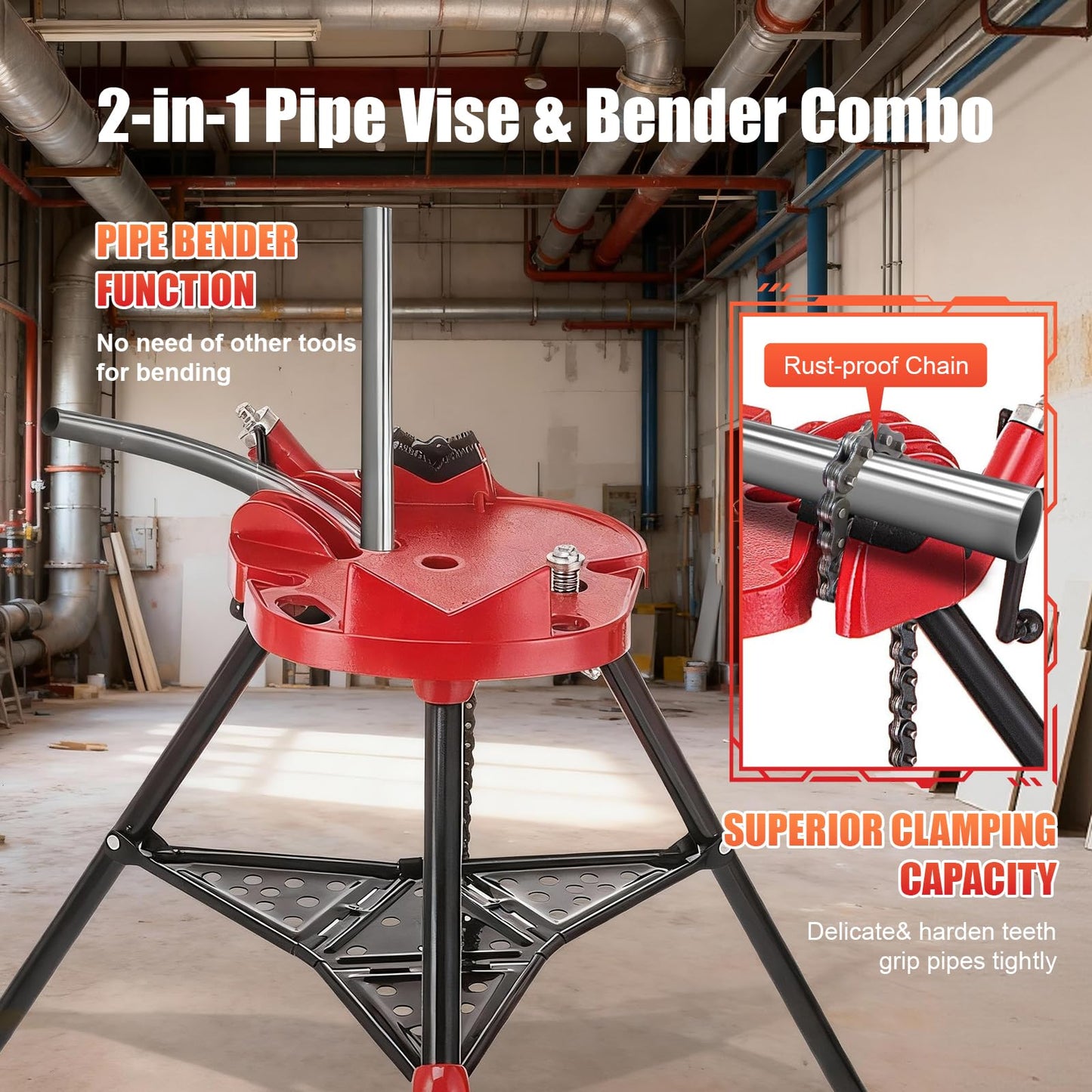 Alwalkee Tripod Pipe Vise Stand, Heavy-Duty 1/8"-6" Capacity, Portable Chain Vise with Tool Tray for Welding & Plumbing