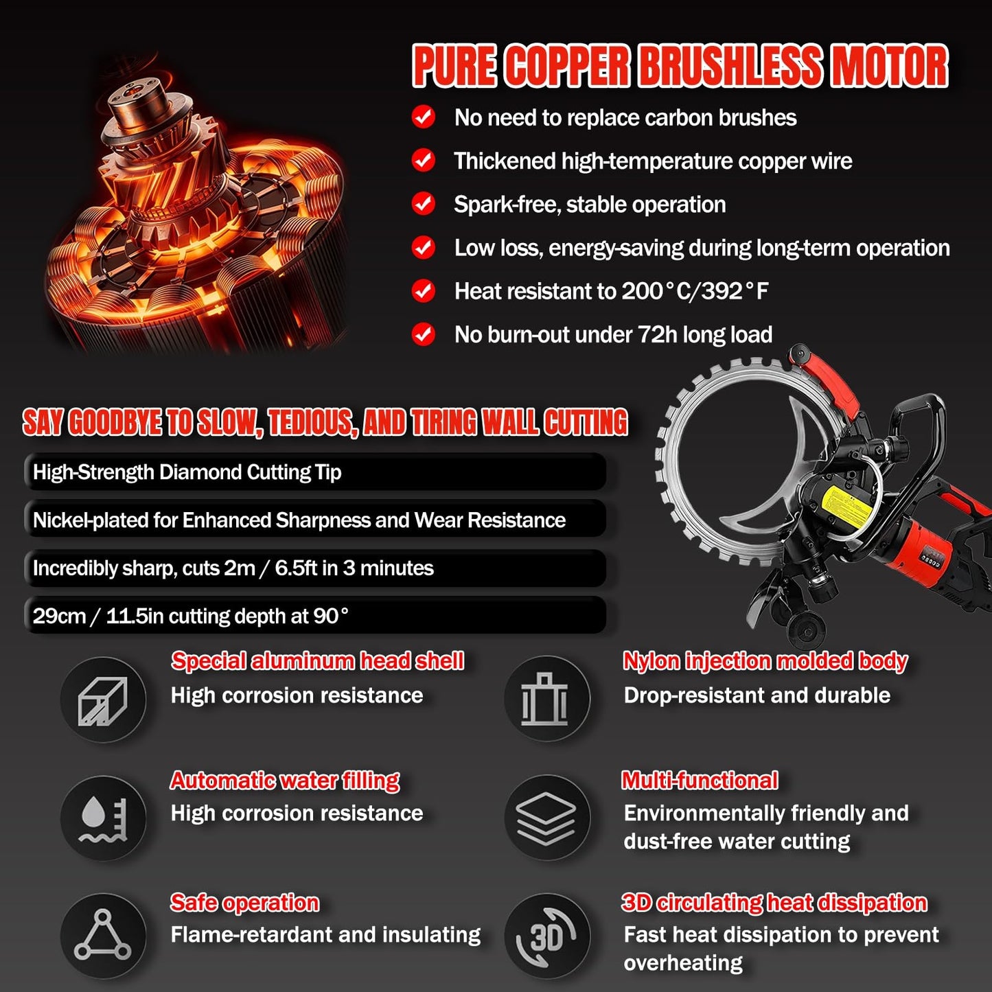 16" Concrete Ring Saw, 9500W Toroidal Electric Concrete Saw Cutting Machine, Wet Cutting System, Max Cutting Depth 11.8" Electric Ring Cutter For Brick, Concrete, Marble And Rebar(9500W)