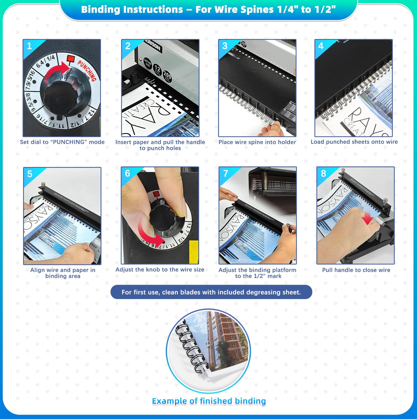 Rayson TD1222 Wire Binding Machine - 2:1 Pitch, Rectangular Holes, 220 Sheet Binding / 12 Sheet Punching Capacity
