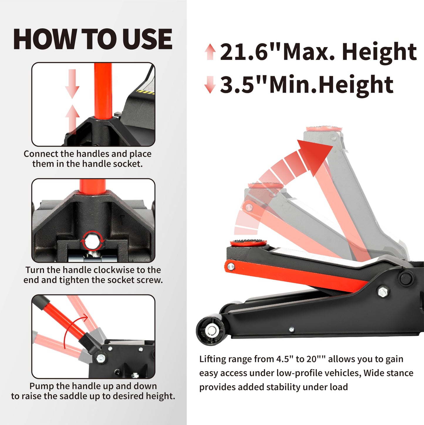 Maxority 5-Ton (11000lbs) Low Profile Hydraulic Super Heavy-Duty Steel Floor Jack with Dual Pistons Quick Lift Pump, Home and Workshop Car Maintenance for Various Vehicles (Red, 5 Ton Low Profile)