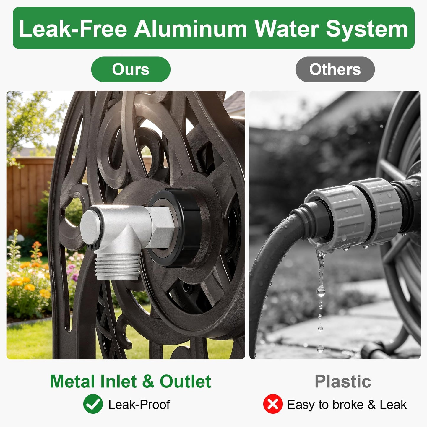 Garden Hose Reel Wall Mount Metal, Holds 125 ft x 5/8" Decorative Water Hose Holder for Outside Storage, Heavy Duty Aluminum Frame w/Shelf, No-Leak Aluminum Water System, Easy Assmbly, Dark Bronze