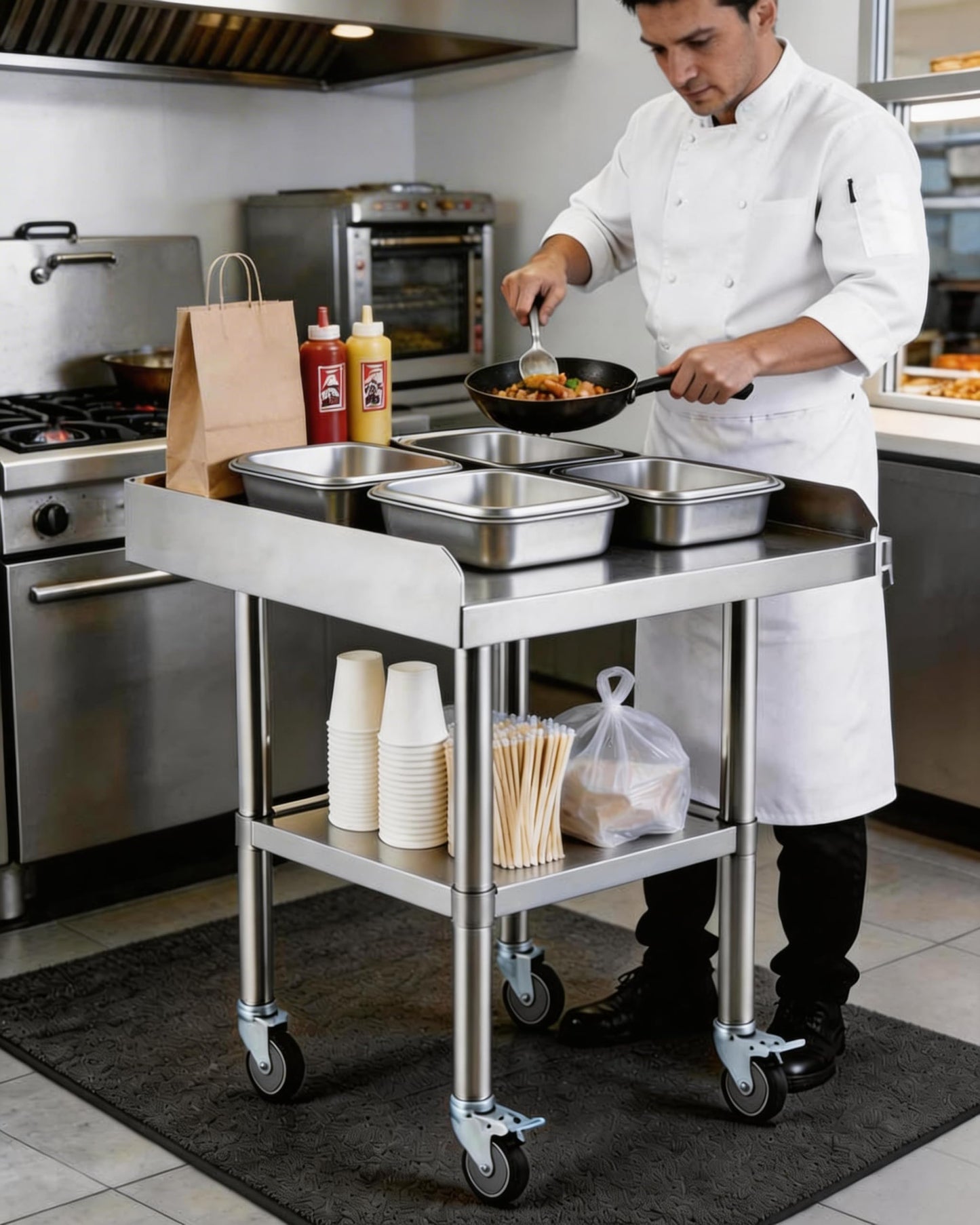 24 x 24 Stainless Steel Prep Table with Wheels – Commercial Mobile Workstation, Adjustable Undershelf, 3-Sided Backsplash – NSF Kitchen Worktable for Restaurant, Home, Garage & Catering
