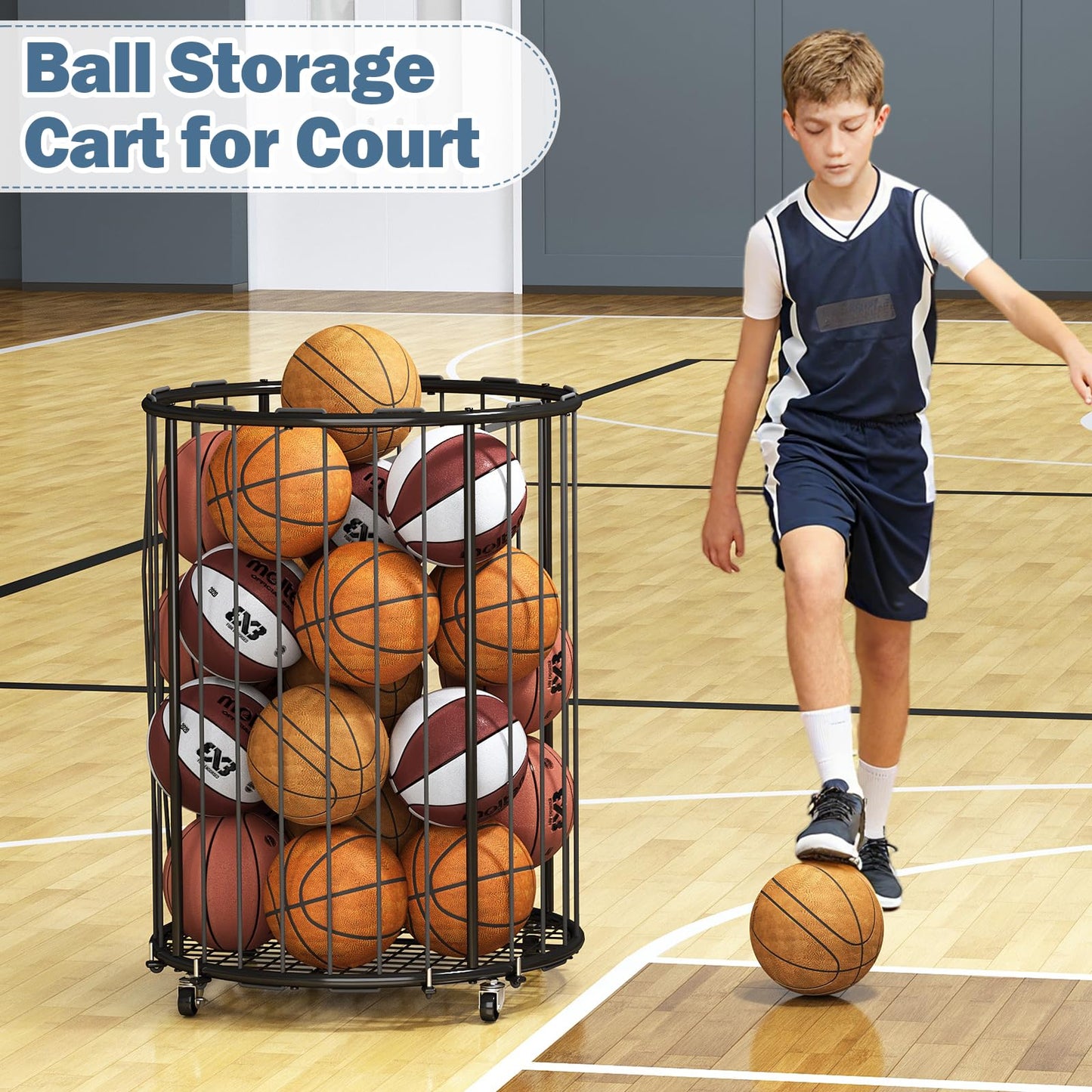 Hencawima Garage Ball Storage: Round Sports Equipment Organizer with Wheels, Sports Ball Rack With Elastic Rope, Ball Holder for Basketball, Soccer, Volleyball, Football, Garage, Gym, Outdoor (Black)