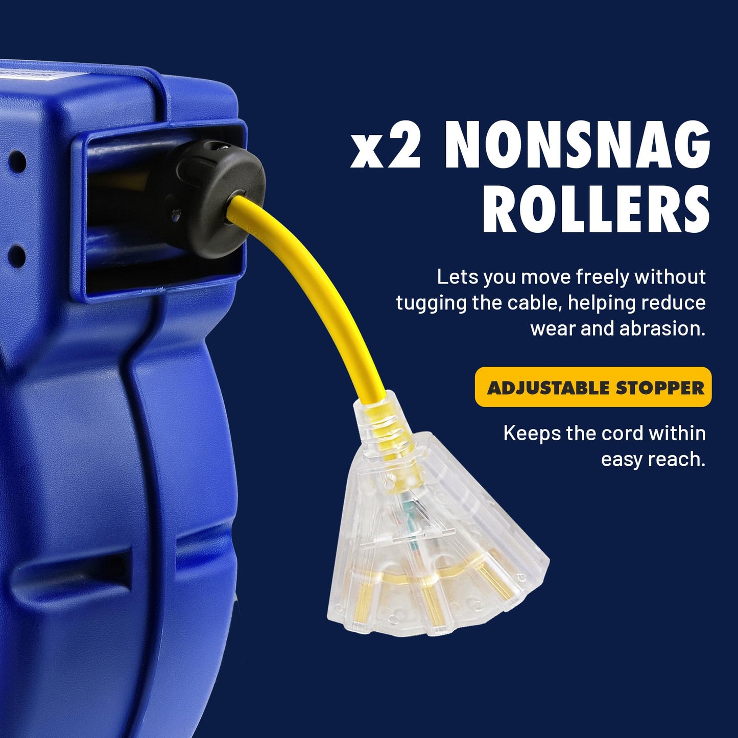 Goodyear Retractable Extension Cord Reel – Heavy-Duty Commercial Cable with Triple Tap Connector, Auto-Rewind & Wall/Ceiling Mountable (Enclosed, 12AWG x 65 ft)