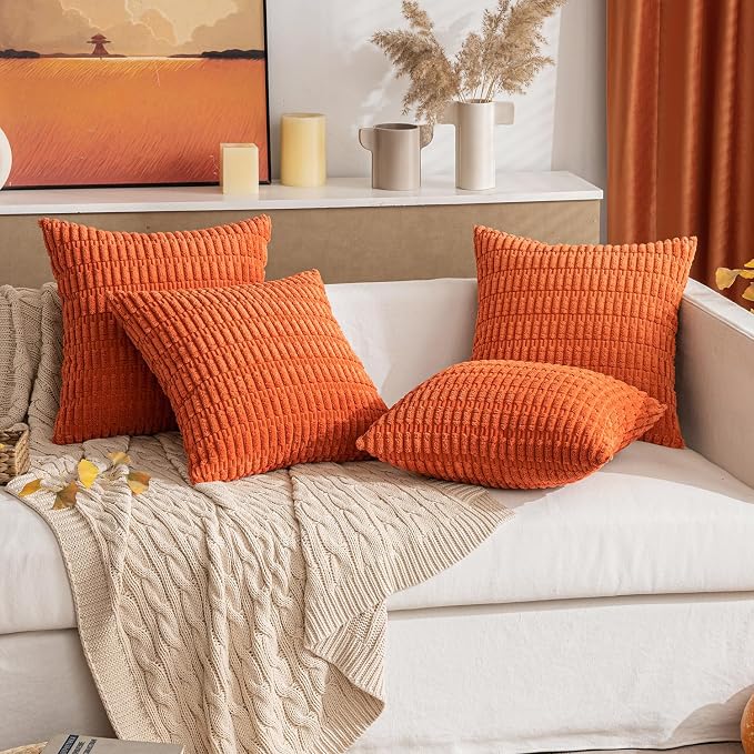 MIULEE Pack of 2 Orange Corduroy Decorative Pillow Covers 16x16 Inch Soft Boho Striped Throw Pillow Covers Modern Farmhouse Home Decor for Halloween Thanksgiving Summer Sofa Living Room Couch Bed