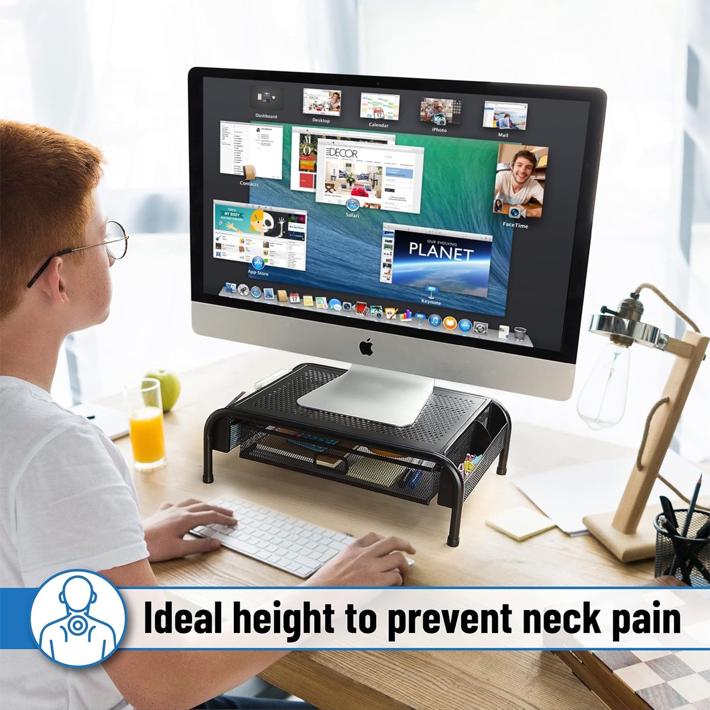 Metal Mesh Monitor Riser with Drawer - Desk Organizer for Optimal Viewing