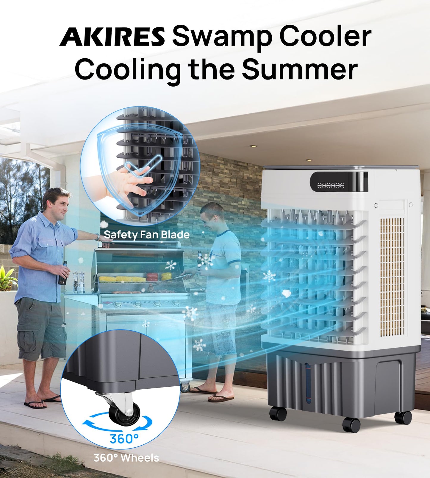 AKIRES 1800CFM Swamp Cooler,Evaporative Air Cooler with 5.3-Gal Water Tank,4 Ice Packs,Evaporative Cooler for Outdoor Patio Garage Commercial Industrial Use (29IN)