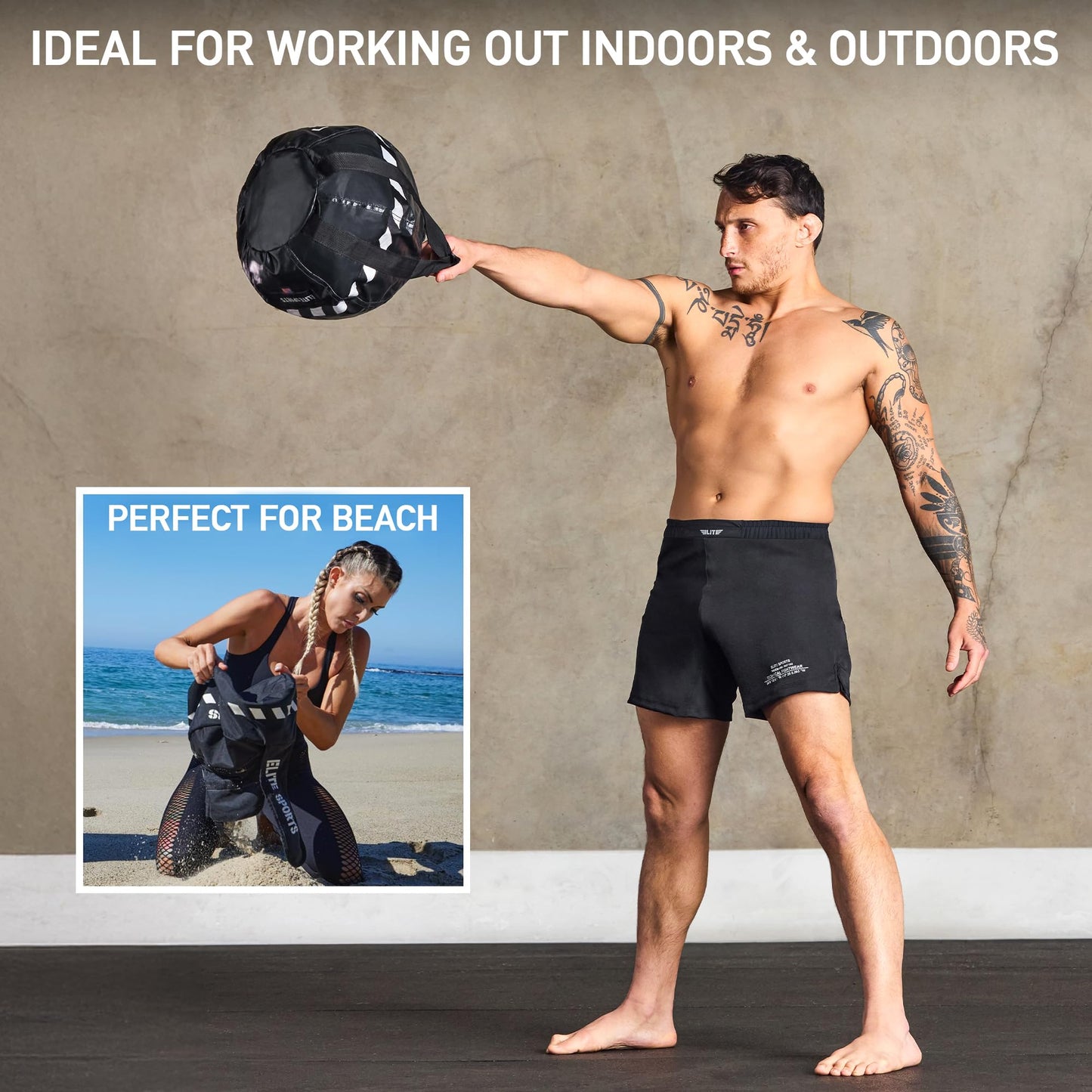 Elite Sports Kettlebell Sandbag - Heavy Duty Sand Weights Bag for Cross Training, Strength Training, Workout, Functional Fitness, Adjustable Weight, Durable Training Equipment for Home & Gym (Black, 10-20 LBS)
