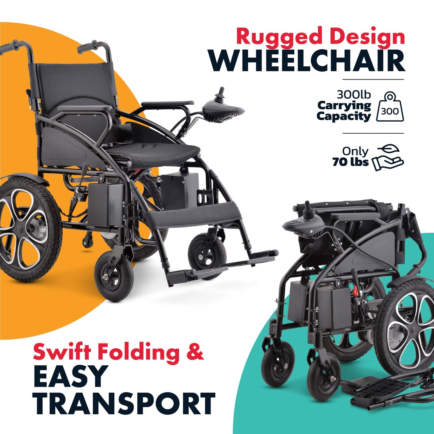 Rubicon DX01 All-Terrain Foldable Electric Wheelchair - 500W Motor, 12 mi Range, 300 lbs Capacity. Durable, Powerful. Silla de Ruedas Electrica para Adultos, Supports up to 300 lbs. (Model3)