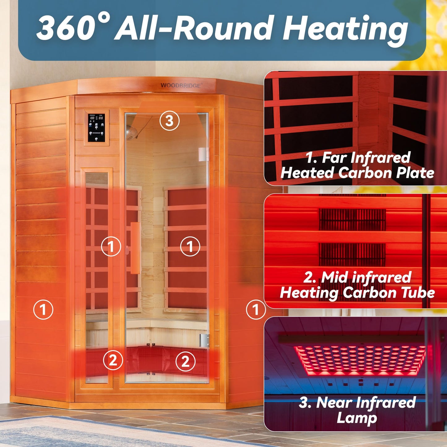 WOODBRIDGE Infrared Sauna Room 2 Person Japanese Cedar Indoor Corner Sauna with 7 Carbon Heaters, Red Light Therapy,Bluetooth Speaker,Intelligent Dual Control System,Tempered Glass,Exterior Brim Light