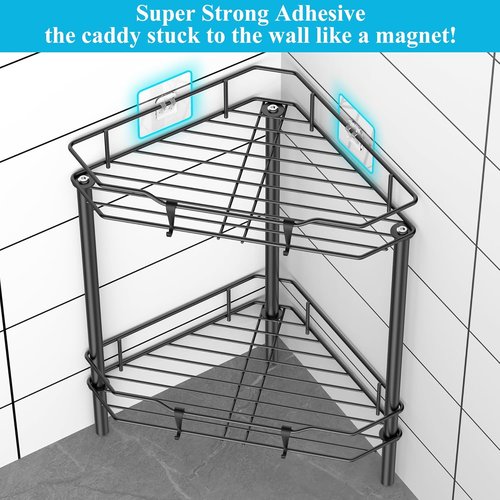 HuggieGems Corner Shower Caddy Organizer - 2 Tier Floor Standing Shelf with Hooks | Black Finish