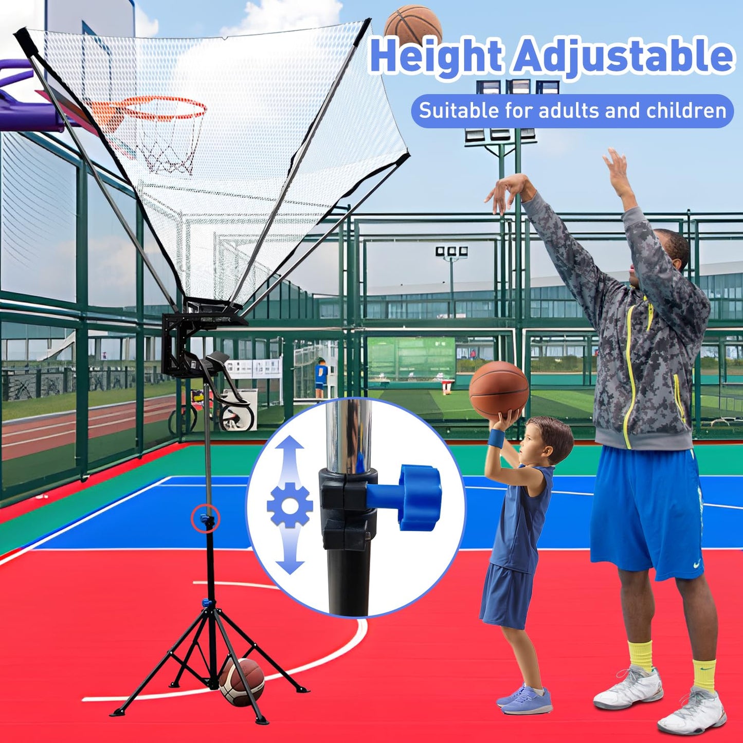 Upgraded Basketball Return Attachment, Adjustable Height Basketball Rebounder, Portable Shot Hoop Trainer with 180° Rotating Track, Rebounder Net Return System for Solo Play and Practice