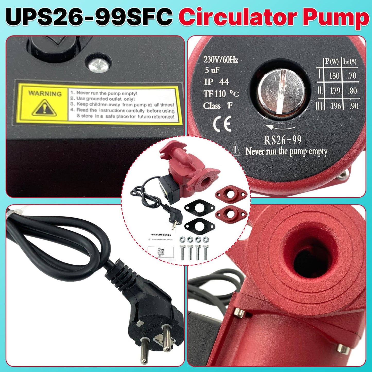 UPS26-99SFC Circulator Pump 230V 1/6 HP 3-Speed Hot Water Recirculating Pump Compatible with G-rundfos Flanged Hydronic Heating Pump Replace 98961765
