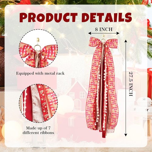 Buffalo Plaid Christmas Wreath Sash Bow - 27.5" Metal Clip with 7 Layered Ribbons for Holiday Decor