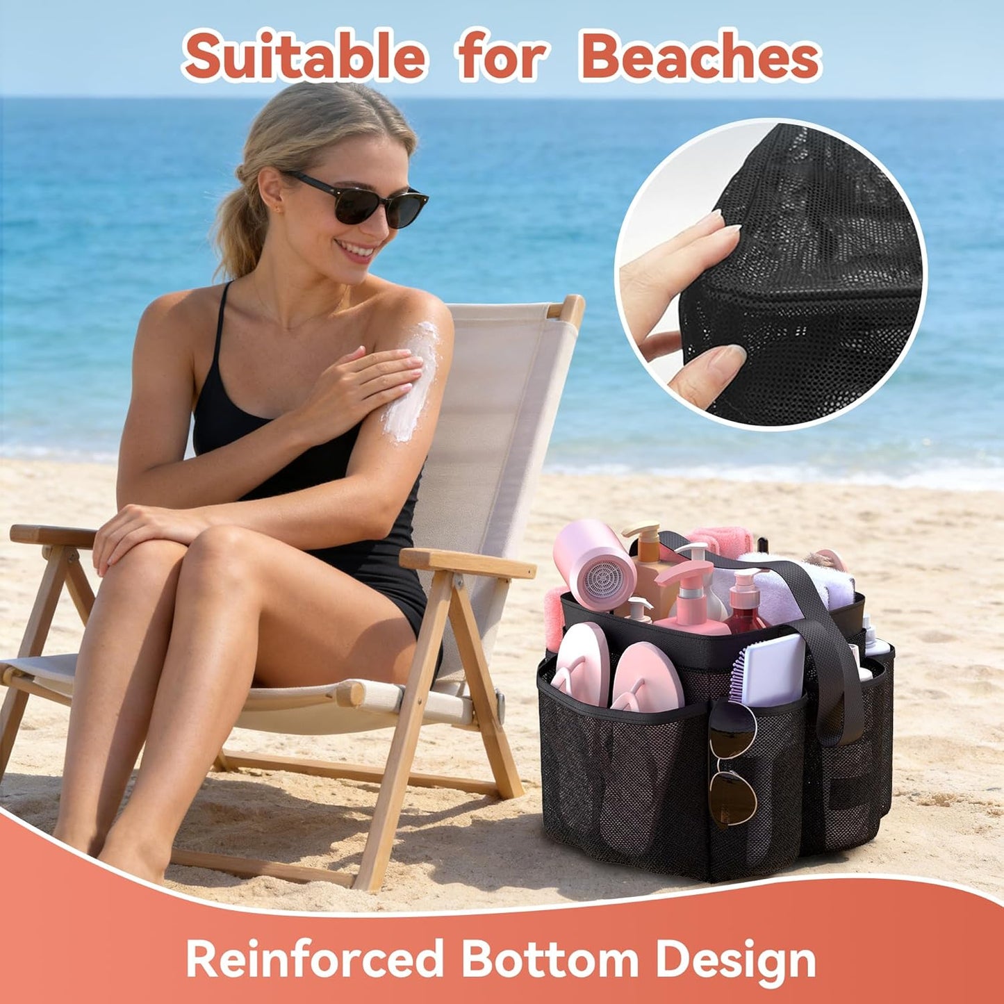 YASONIC Portable Mesh Shower Caddy - 8 Pocket Hanging Organizer for College Dorm Essentials | Black
