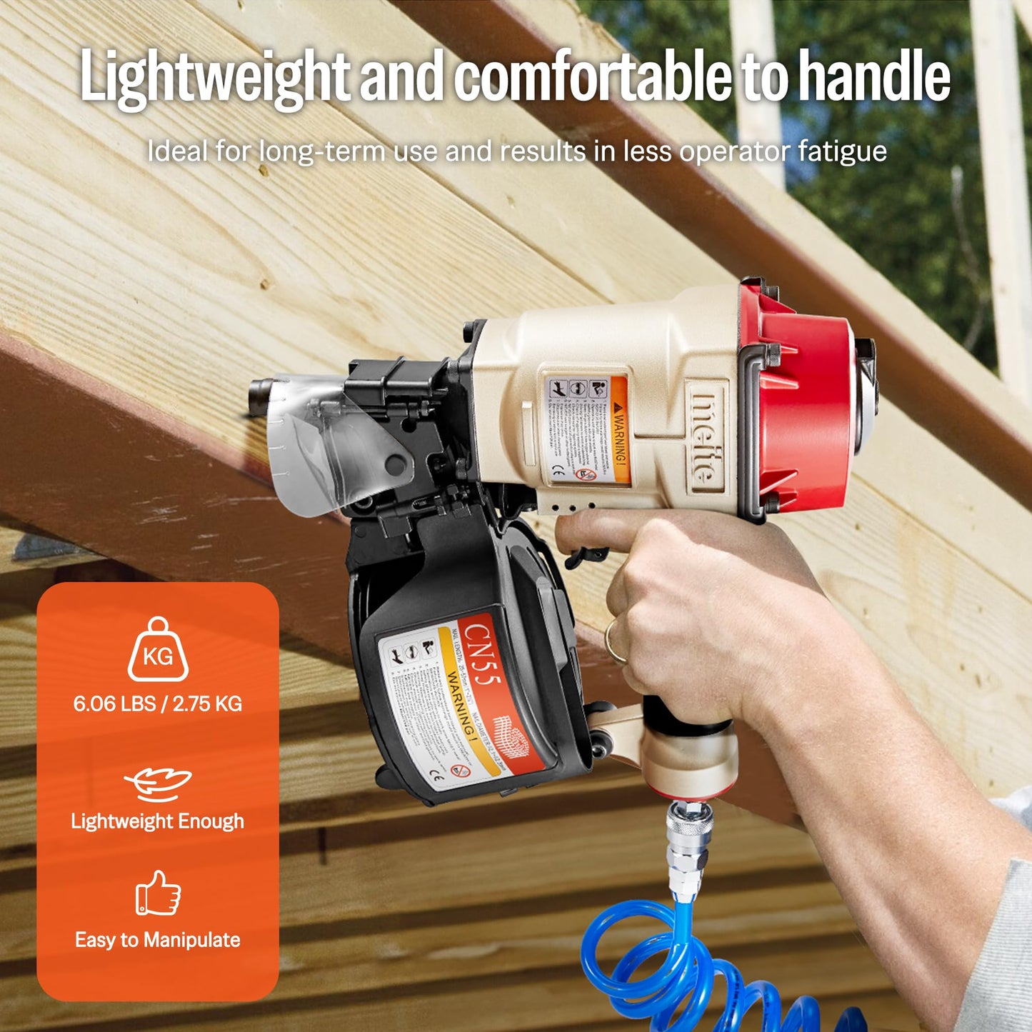 meite CN55 Siding Nailer Pneumatic Nail Gun Accepts 15 Degree 1" to 2-1/4" Coil Nails, Air Siding Nail Gun with Adjustable Exhaust for Hardwood Pallets Fencing Decking Sheathing