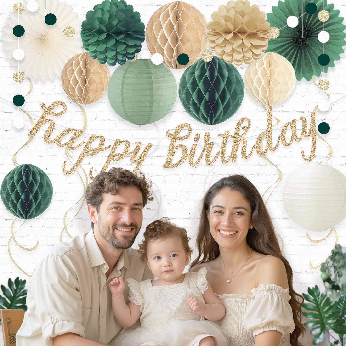 Sage Green Happy Birthday Decorations, Pre-Strung Happy Birthday Banner with Honeycomb Balls, Paper Flowers, Lanterns, Hanging Swirls, Circle Dots Garland for Birthdays Party Decorations 24pcs
