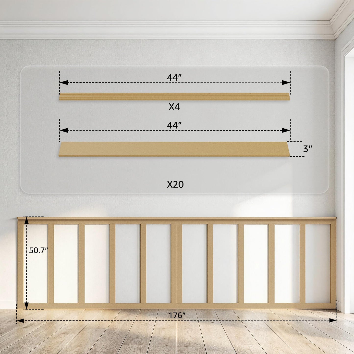 SMARTSTANDARD Paintable Board and Batten Wainscoting Kit, Premade MDF Accent Wall Panels with Edge Strips – Covers 176x51 Inch, Wall Molding Trim for Bedroom Living Room Hallway