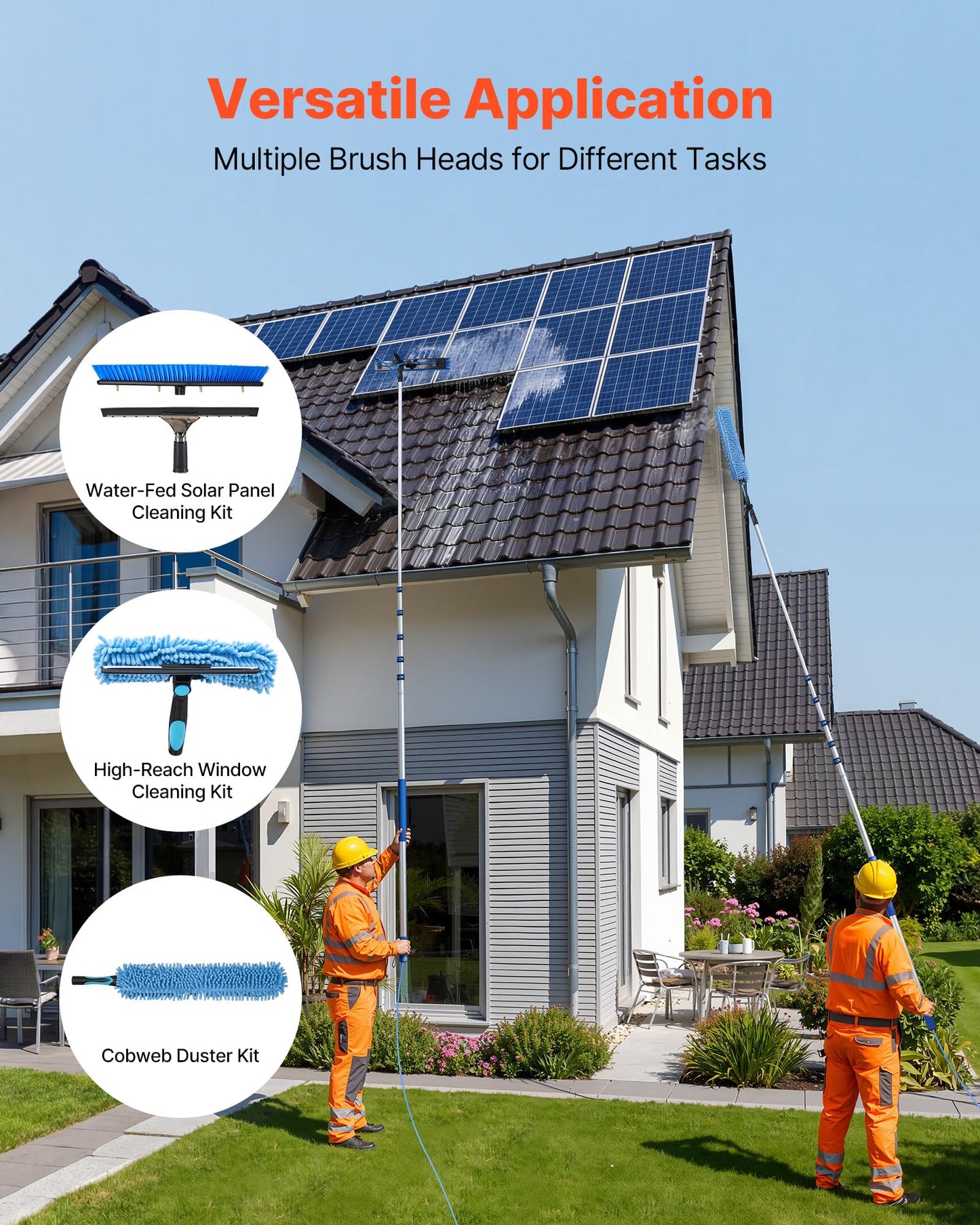 VEVOR Solar Panel Cleaning Kit, 33 ft, Water Fed Pole Kit with Cleaning Brush, Squeegee, Soap Dispenser, Extendable Aluminum Telescopic Pole, 180° Rotatable Brush Head, for Roof Mounted Solar Panels