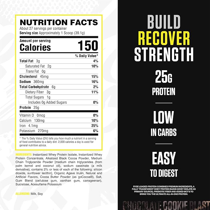 RYSE Loaded Protein Powder - Chocolate Cookie Blast - 25g Whey Protein Isolate & Concentrate with Prebiotic Fiber & MCTs - Low Carb, Low Sugar, Digestive-Friendly - 20 Servings / 1.5 lb Tub