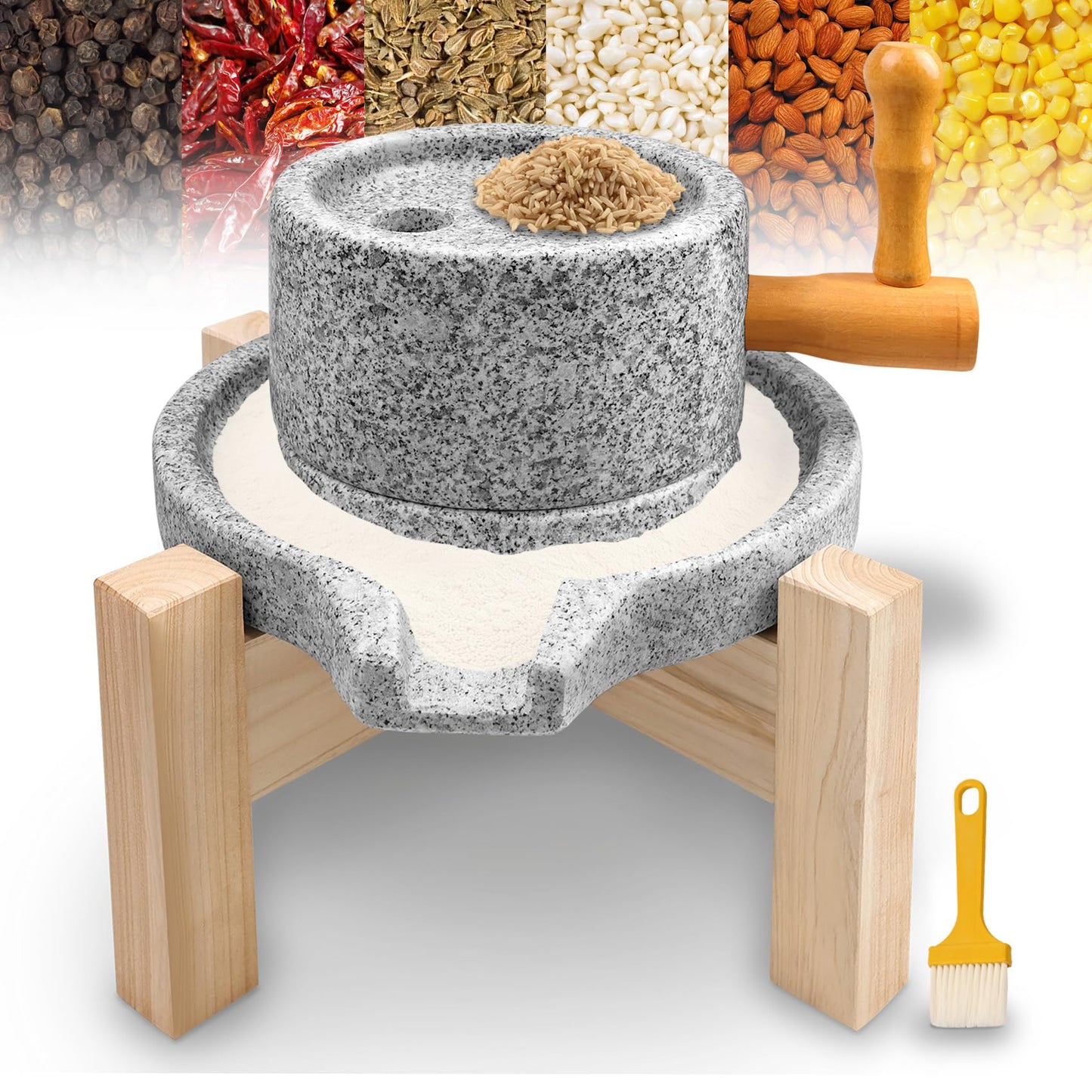 Natural Stone Grain Mill, Manual Granite stone grinder with Wooden Base & Heavy-Duty Handle, Stone Mill for Flour for Grain & Spice Grinding, stone flour mill grinder for Home Kitchen