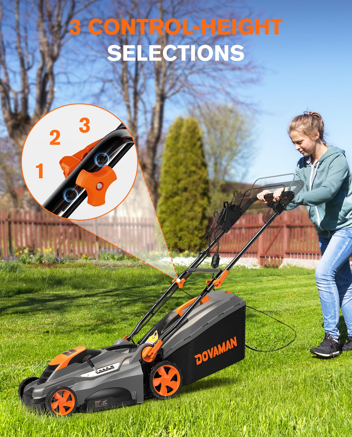 DOVAMAN 13Amp 16" Lawn Mower, 98% Collection, 13.2-Gallon Bag, 5-Position Height Adjustment, 3-Step Quick Vertical Fold Storage, 2-in-1 Mulching & Bagging, Corded Lawn Mower for Your Garden