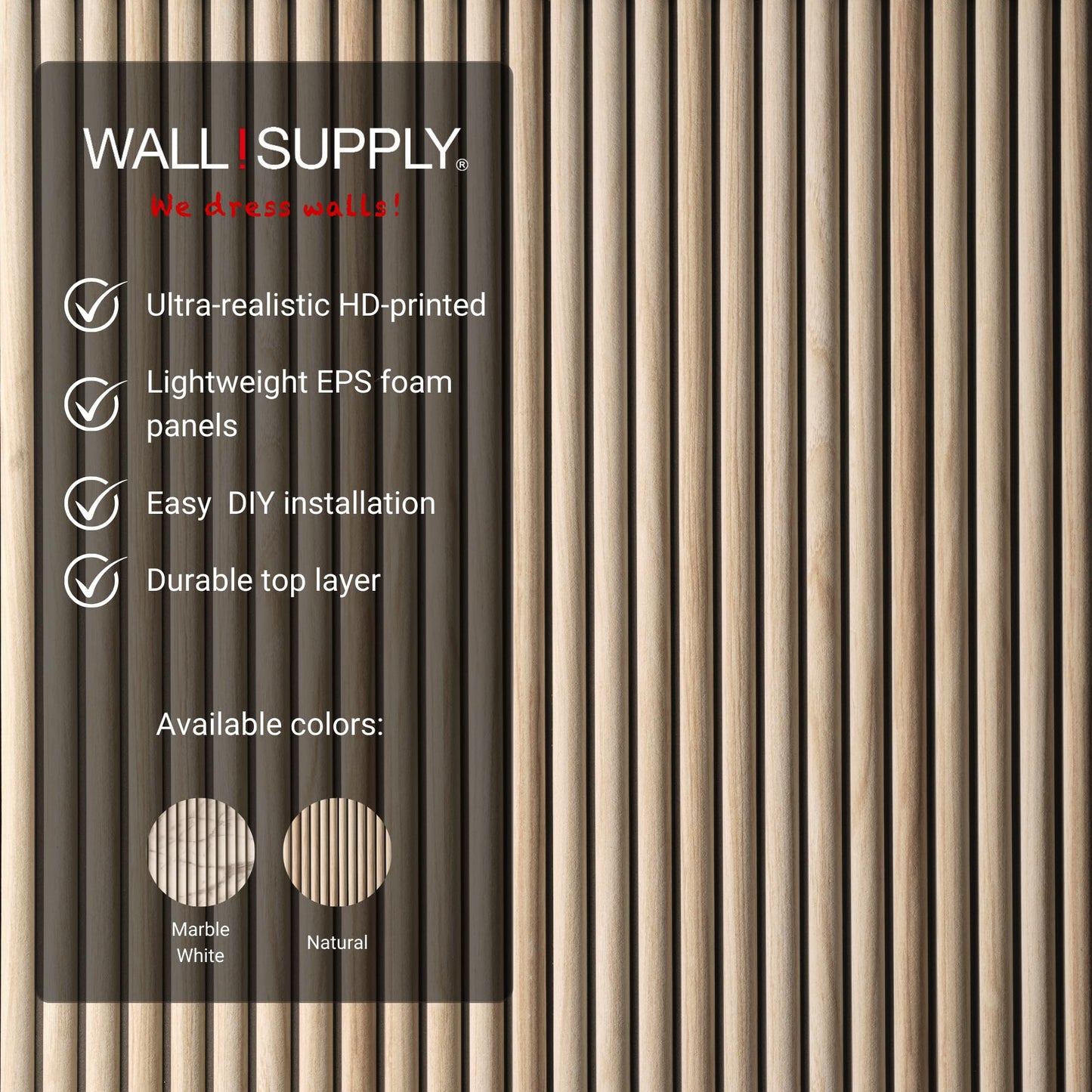 Wall!Supply 3D Wall Panels – Faux Natural Wood Round Slatted – Lightweight Foam (EPS) – Wallpaper Alternative – Easy DIY Installation – 4 Pack, Covers 24.96 Sq Ft