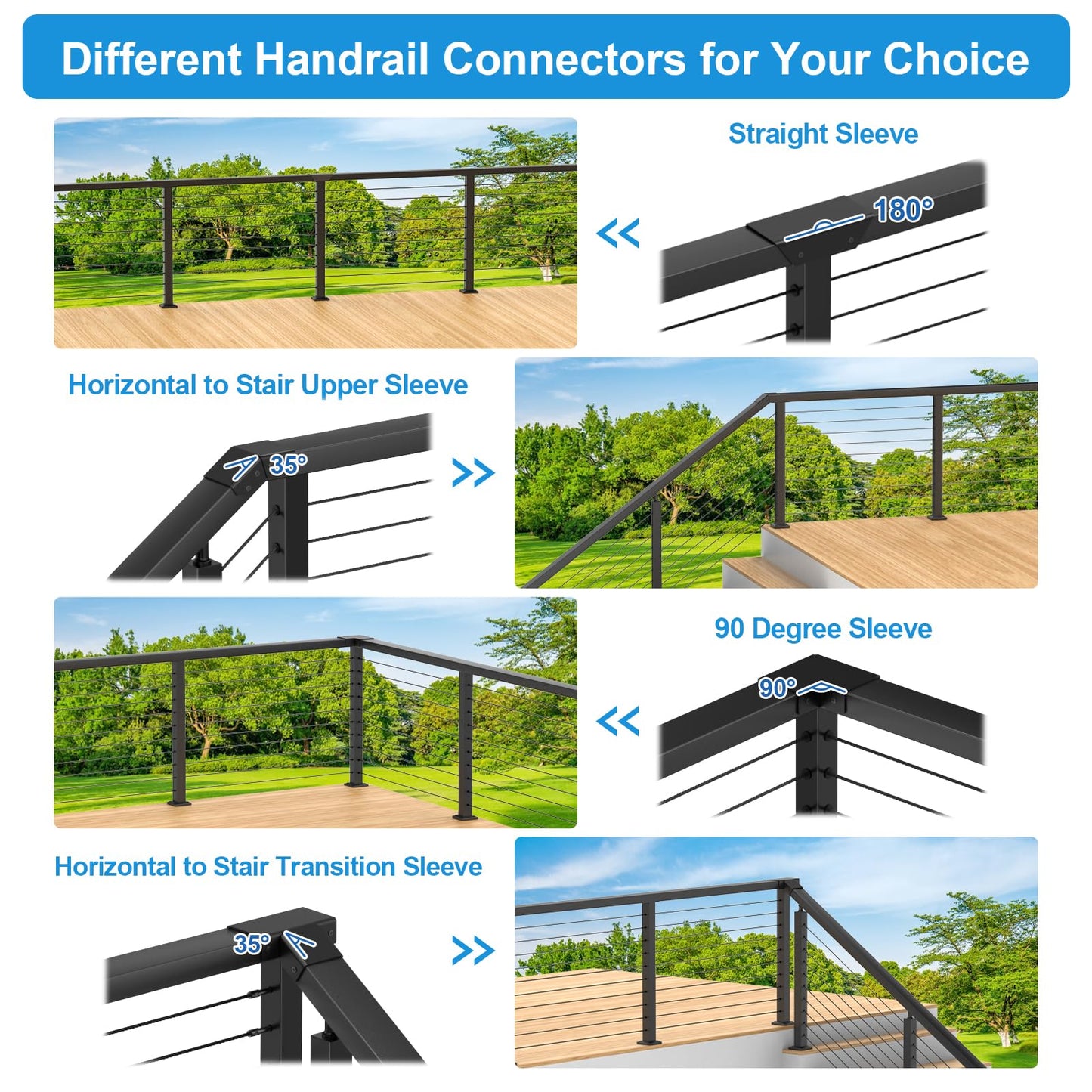 RailinGo Aluminum Extension Connector for Rectangular Handrail, Black Powder Coated Straight Sleeve for Cable Railing Handrail System, Flat Handrail Accessories, Black Wire Railing Kits, RG50