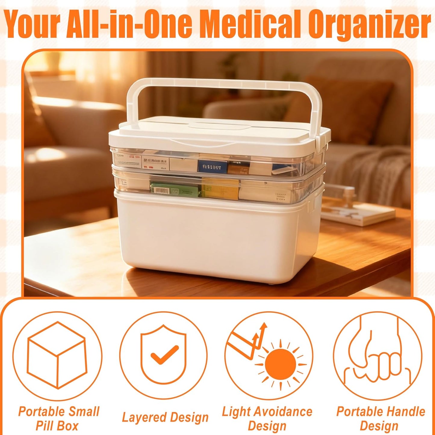 Skiennix 3-Tier Medicine Organizer - Portable First Aid Kit with Detachable Pill Box | White