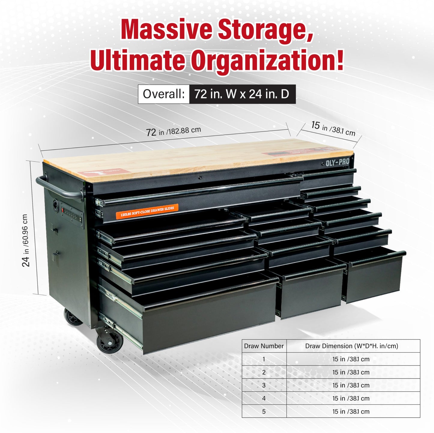 Olympia Tools 72 inch Heavy Duty Mobile Tool Chest Tool Box, with Solid Wood Top Workbench, 15-Drawer Rolling Tool Chest, Tool Storage Organizer for Garage, Workshop, and Home, Black
