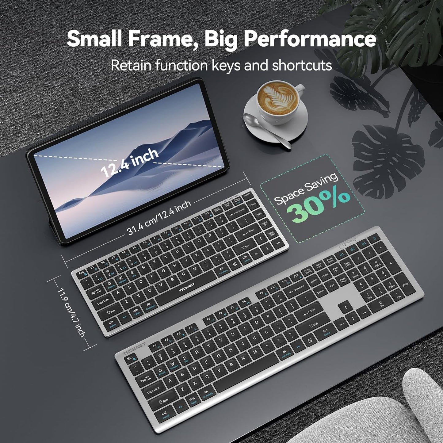 TECKNET 4-Device (2.4G+3BT) 14 Bluetooth Keyboard Rechargeable, Wireless Keyboard, Ultra-Slim Quiet Typing, Hotkeys