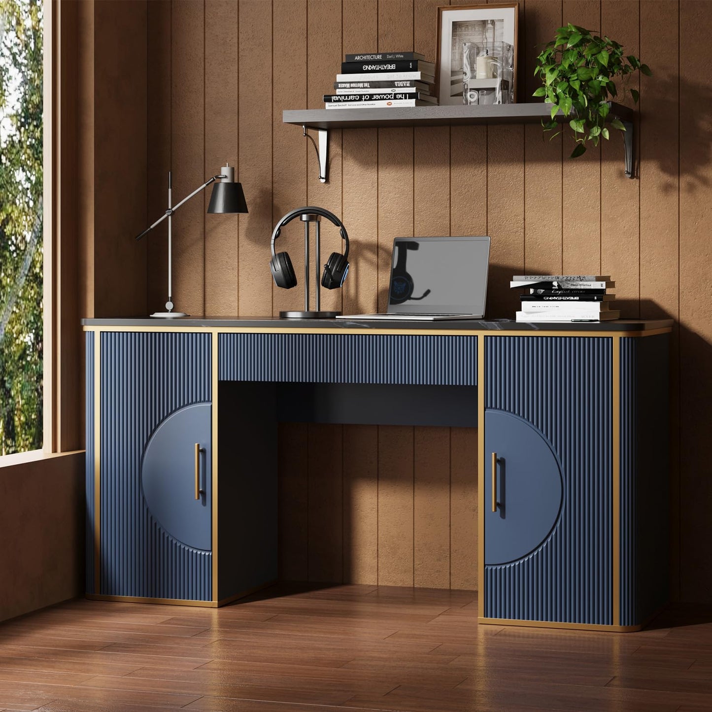 RNLRNL 60" Fluted Computer Desk, Wooden Long Home Office Writing Desk with Drawer & Storage Cabinet, Modern Writing Table with Charging Station, High Executive Desk for Office，Bedroom, Navy Blue