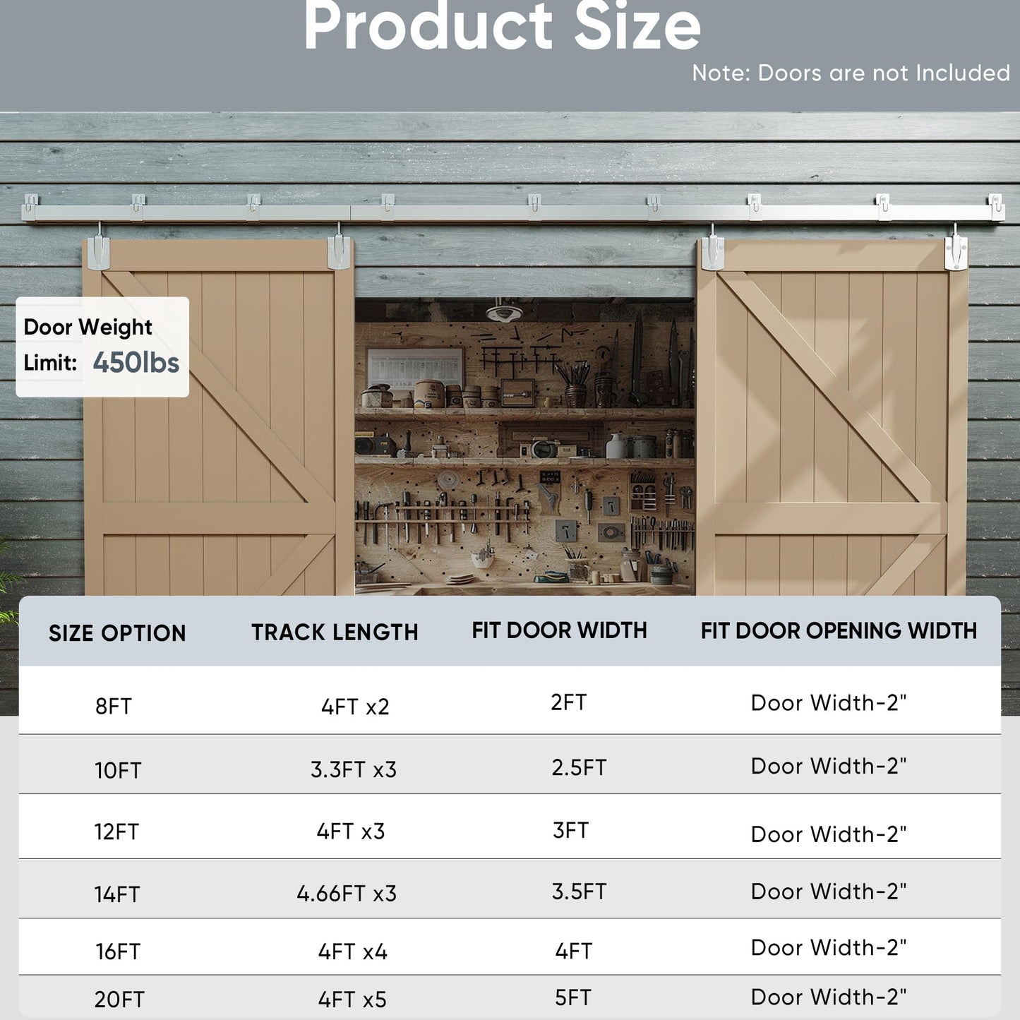JUBEST 16FT Box Rail Exterior Barn Door Hardware Kit, Heavy Duty Sliding Door Track Kit Wall Mount Door Hardware Kit for Two Doors System(Doors Not Included), Silver