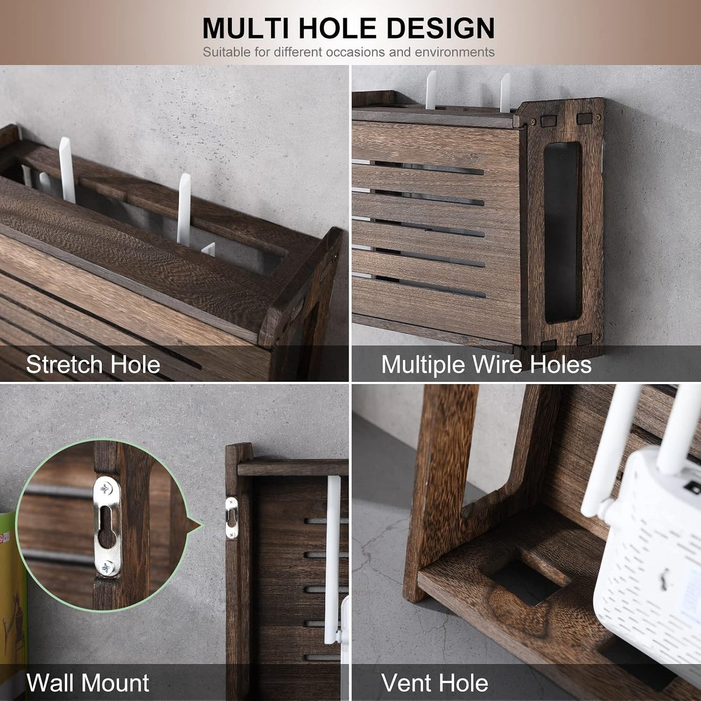 BEARUT 14.9 9.8 5.4 Wooden Router Shelf Wall Mount WiFi Router Storage Box Modem Cable Router Cover Organized Power