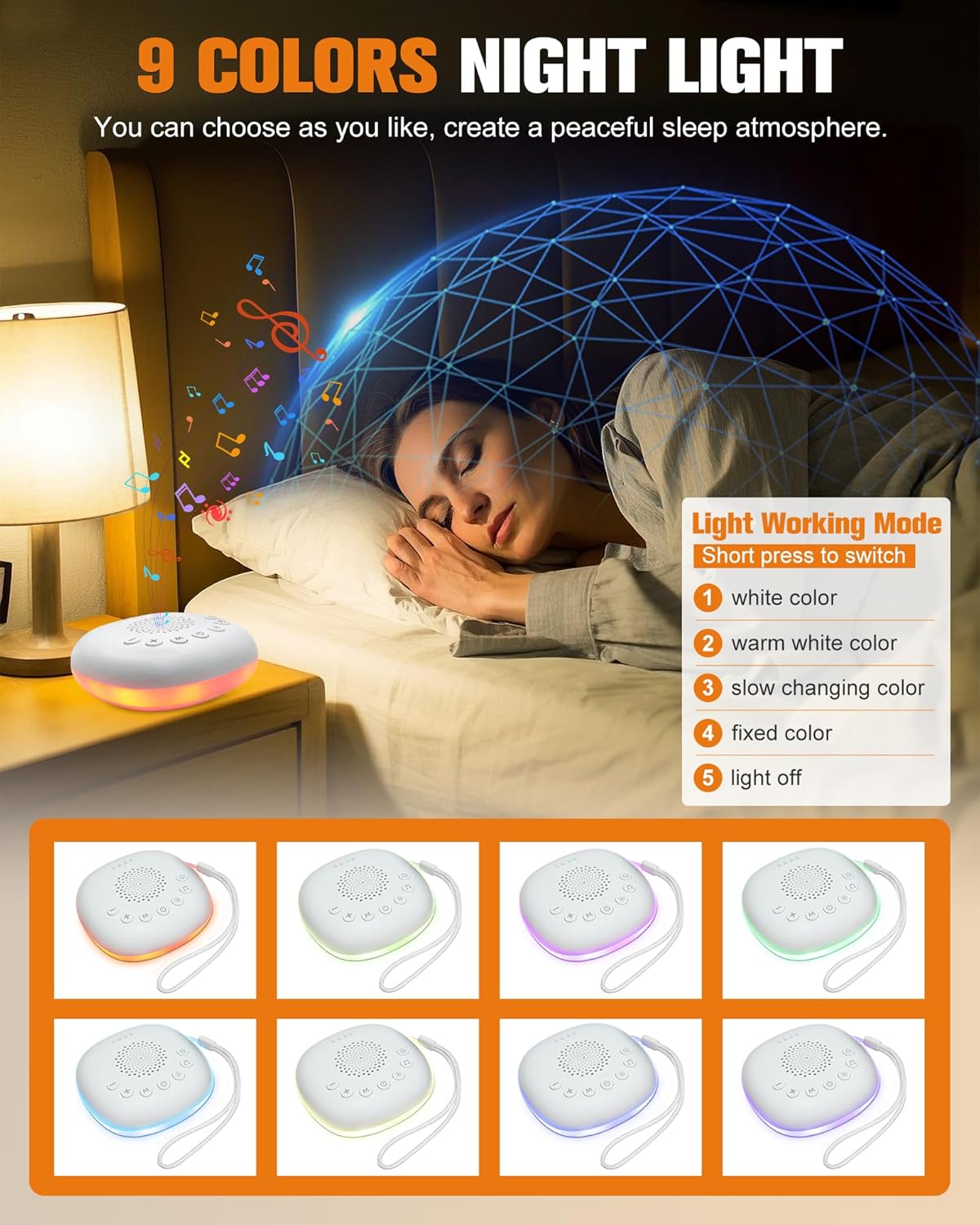 White Noise Sound Machine - Portable Sleep Aid with 20 Soothing Sounds & 9-Color Night Light