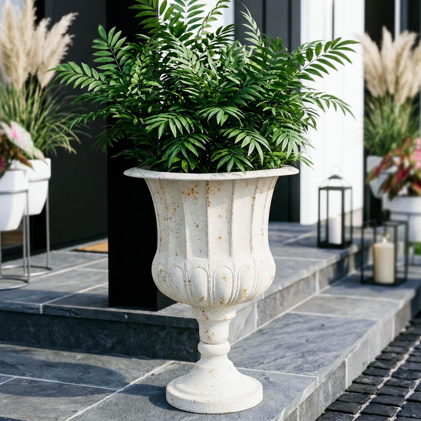 Worth Garden 25" H. Metal Urn Planters 2-Pack - White Classic Antique Iron Plant Pots - Large Decorative Rustic Flower Pots for Outdoor Use - Traditional Urn Planter for Patio, Front Porch