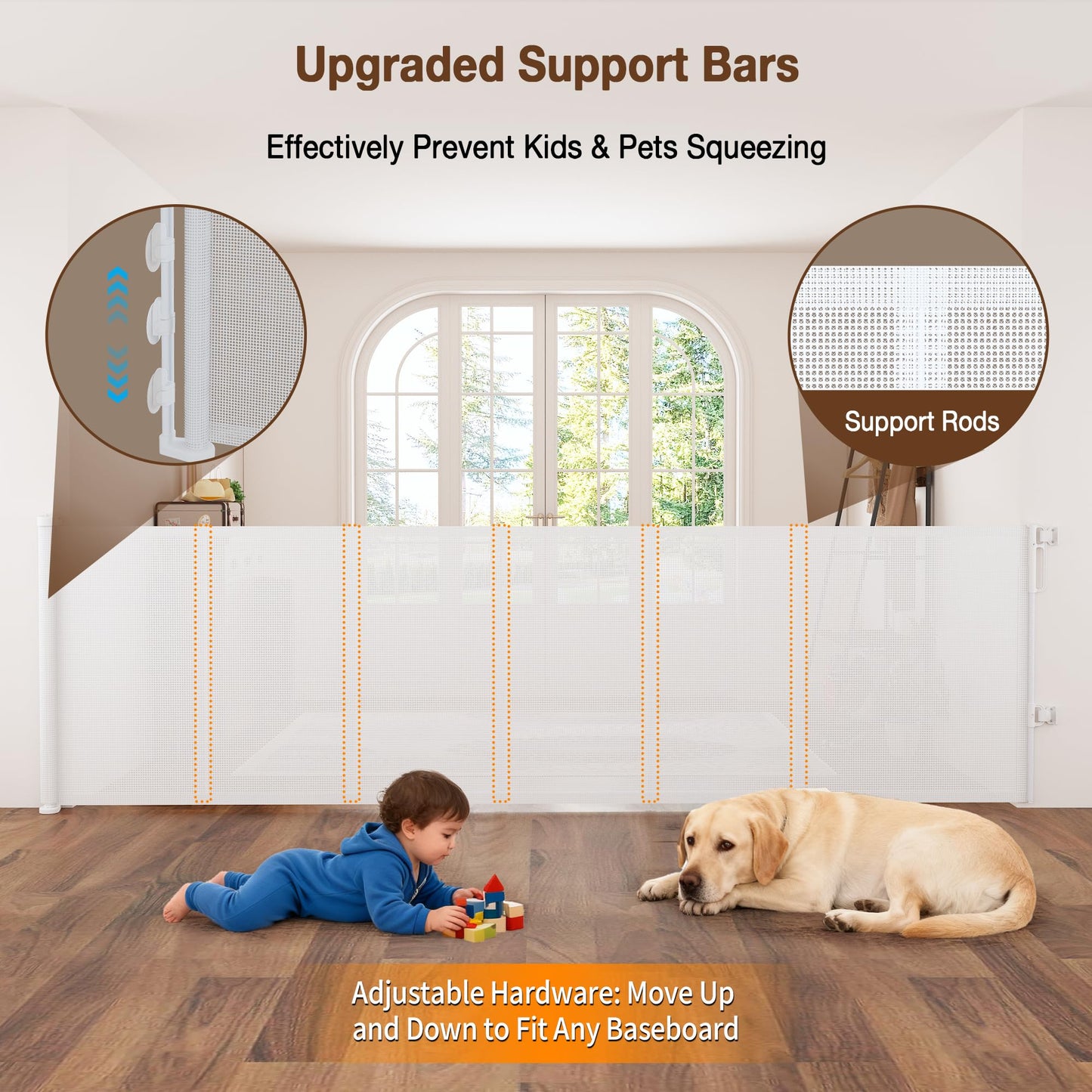 42'' Extra Tall Retractable Baby Gates with Reinforced Strip, Mesh Saftey Gate for Pets, 59'' Wide Retractable Gate, Anti-Escape Tall Dog Gates, No Drilling, Retractable Gate for Indoor/Outdoor