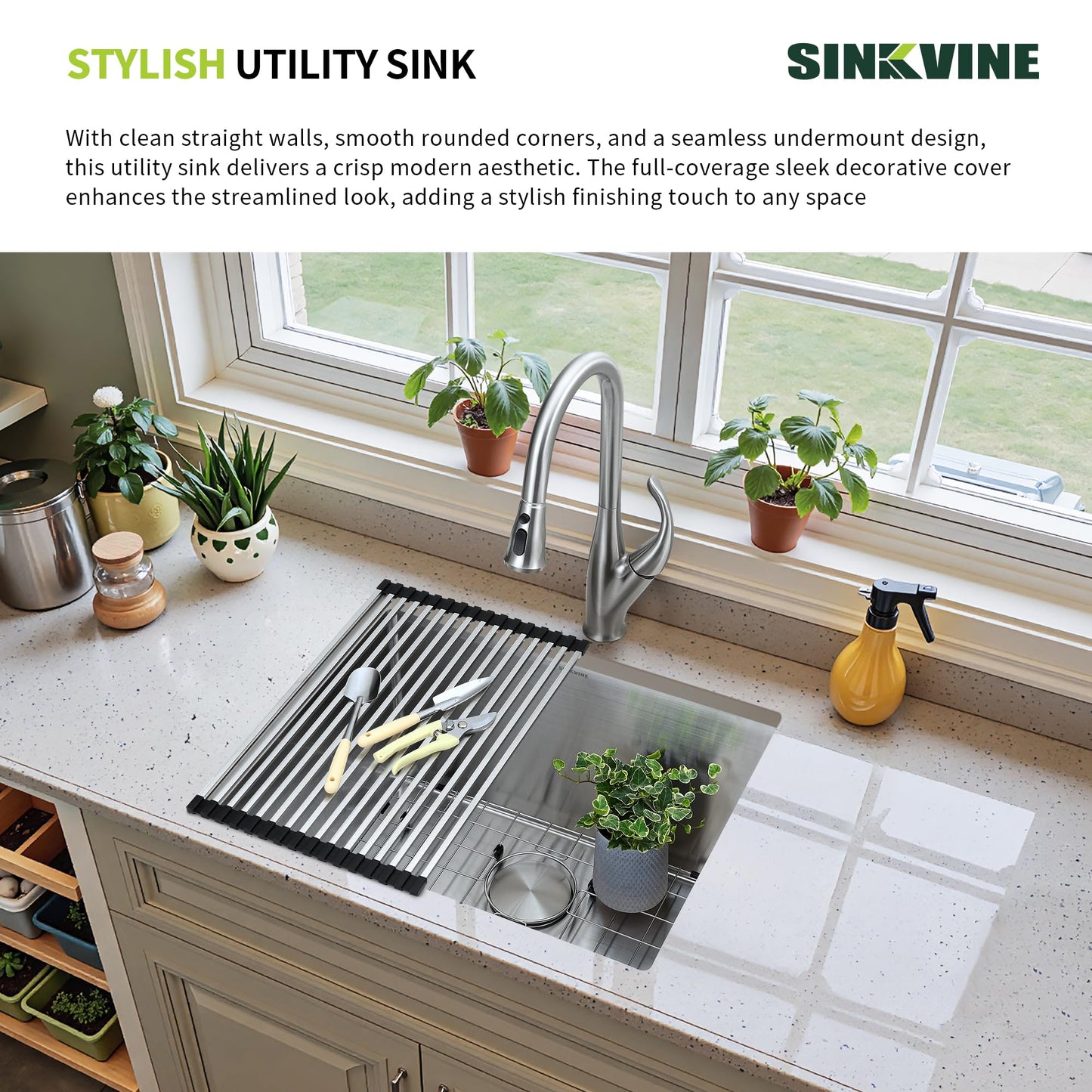 SINKVINE 23-inch Undermount Laundry Utility Sink - 23x19x13 Extra Deep Stainless Steel Single Bowl Basin with Drain Strainer, Bottom Grid & Drying Unit for Laundry Room, Outdoor, Garage, Kitchen Use