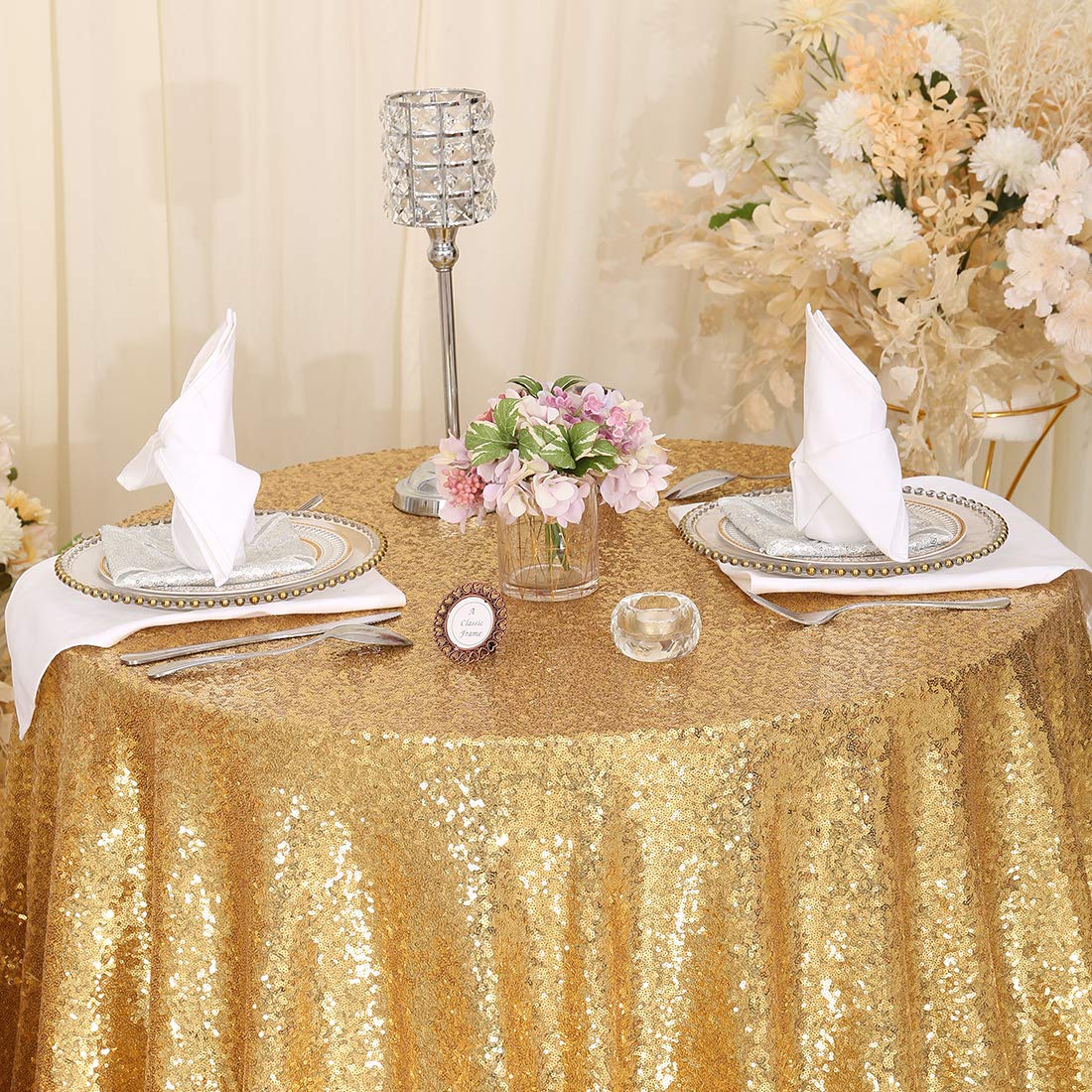 SquarePie Sequin Tablecloth Round Gold 132 Inch Sparkly Table Linen for Wedding Birthday Party Christmas