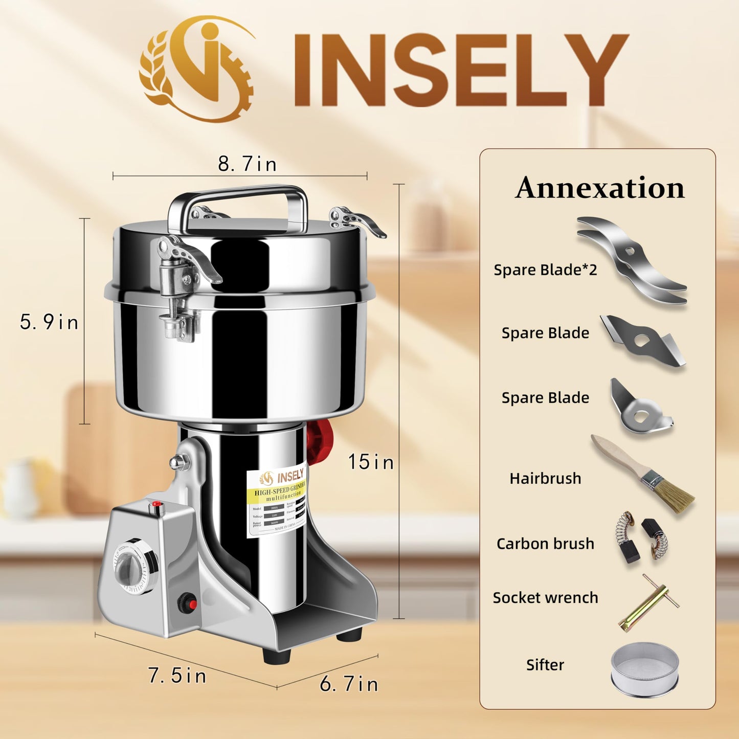 INSELY Grain Mill Grinder 2000g High Speed Food Grain Mill Stainless Steel Seeds Flour Nut Pill Wheat Corn Herbs Spices & Seasonings Dry Grinder Electric Machine Grinder for Kitchen