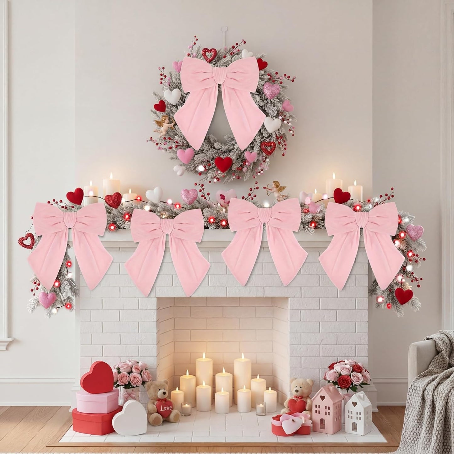 Riceshoot Velvet Bows - 5 Pcs Large 11'' x 16'' Pre-Tied Ribbon for Valentine's Gift Wrapping | Light Pink