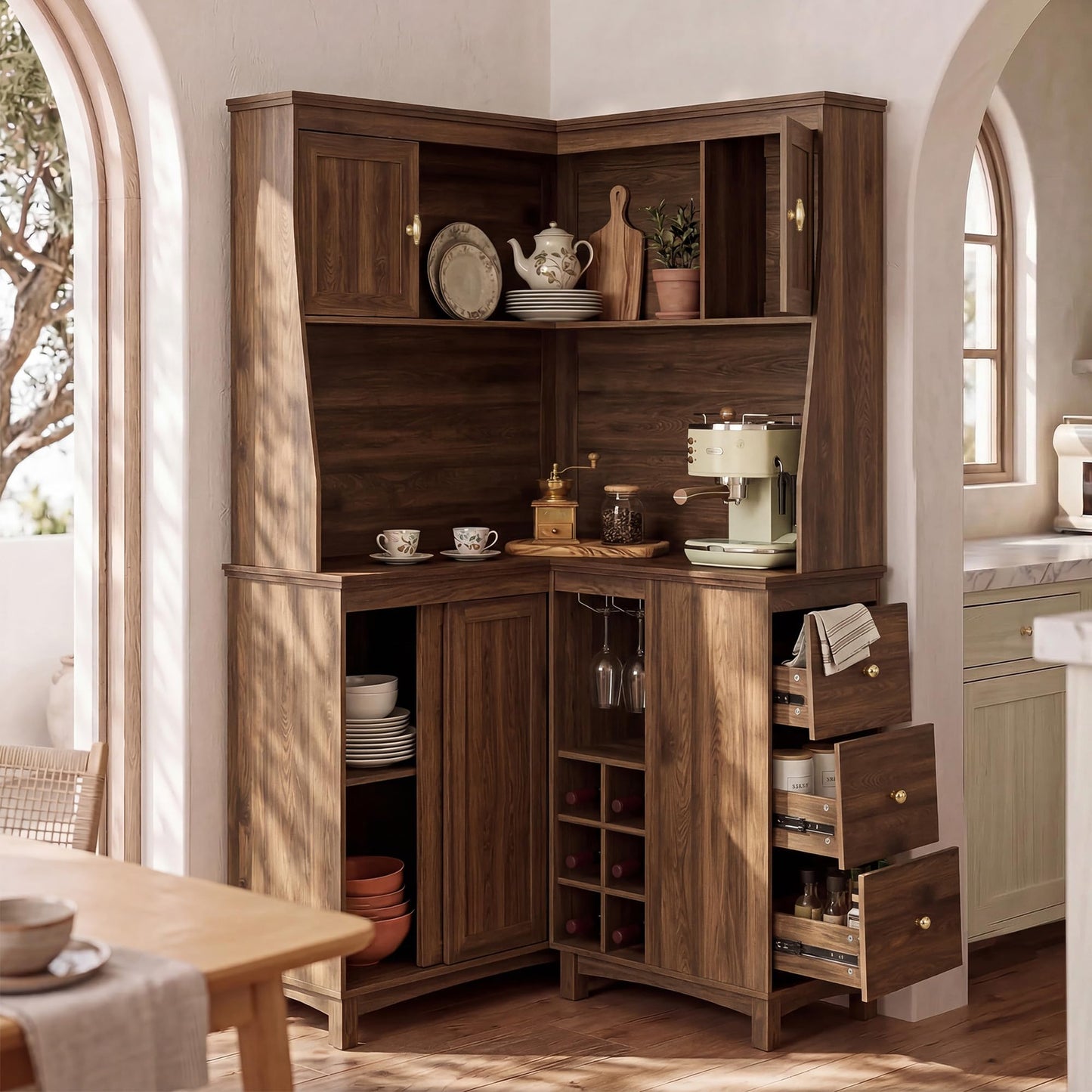 STO’Sense 71" Tall Corner Cabinet w/Charging Station,L-Shaped Kitchen Pantry Storage Cabinet w/3 Drawers,Countertop,Wine Rack,Shelves,Glass Holder&Sliding Door, Large Microwave Stand Hutch, Walnut
