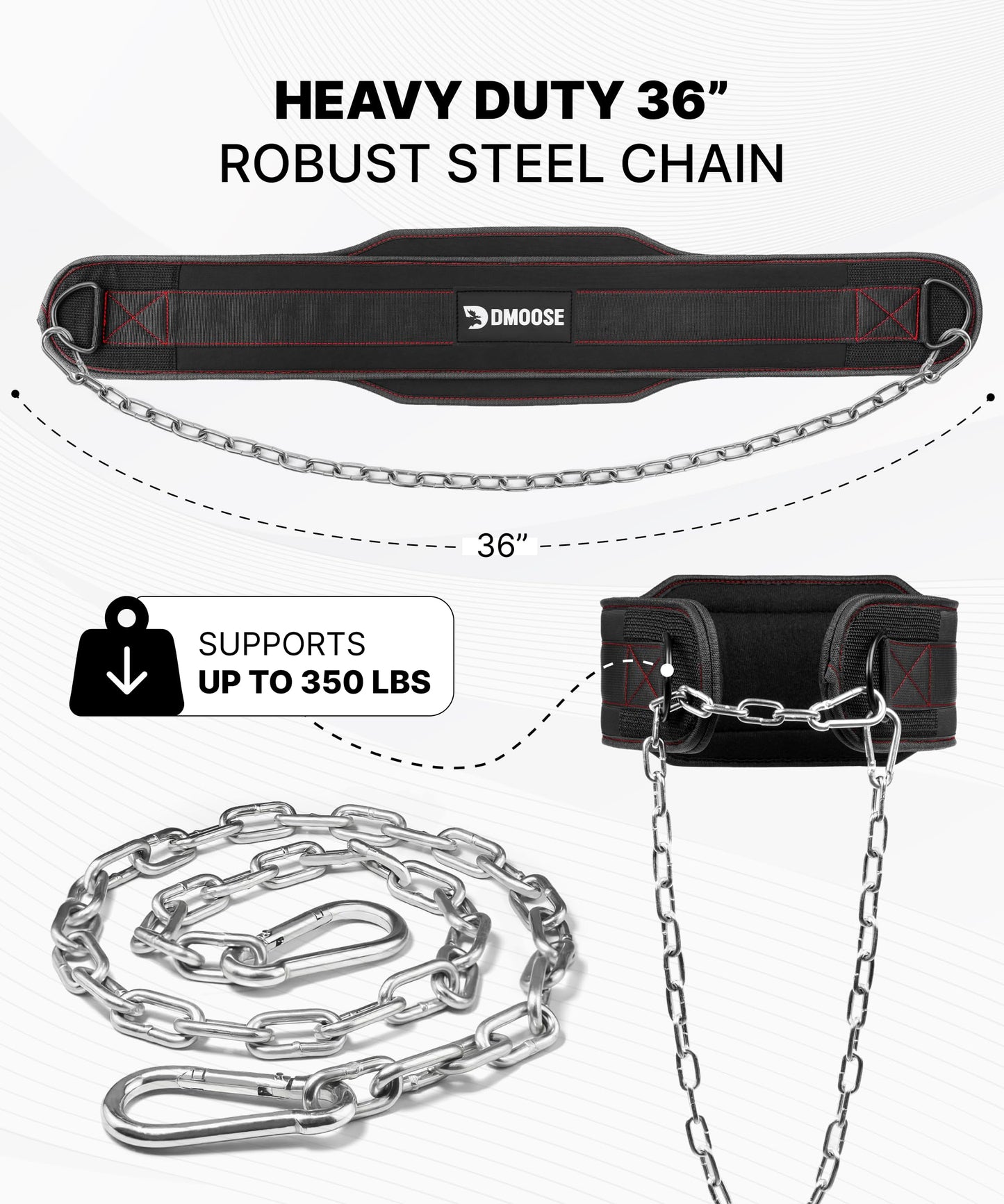 DMoose Fitness Dip Belt For Weightlifting - Weighted Pull Up and Squat Belt with Chain for Intense Workouts - Heavy Duty Stainless Steel Chain & Coated D-Ring - Weight Dipping Belt for Dips - Black