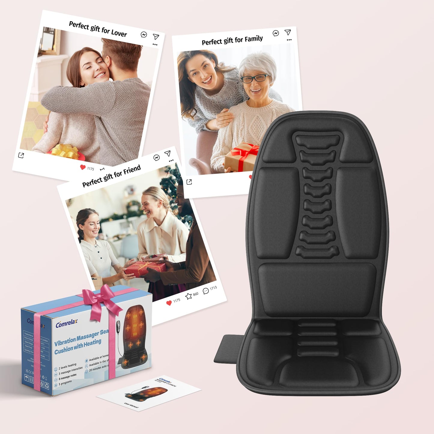 comrelax Back Massager with Heat, Massage Chair Pad with 5 Modes & 2 Heat Levels for Back & Thighs, Back Massage Pad for Office & Home Chairs, Matte Black