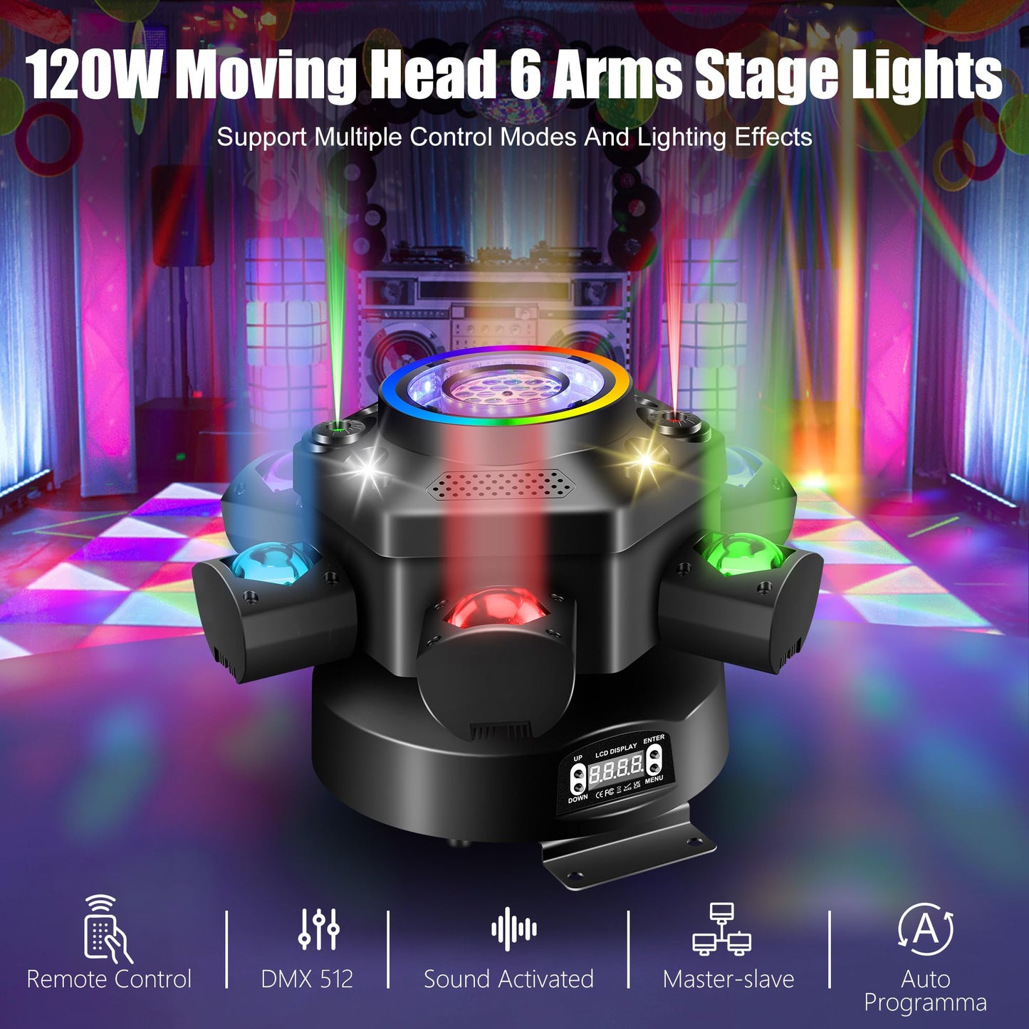 Sklydron Moving Head DJ Lights with Abyss Tunnel Beam Effect,540°X & 180°Y Multi-Head Rotating Beam,6-Arm Stage Lights with Ring Light Supports Starlight,Sound Activated for Disco Club Wedding Party