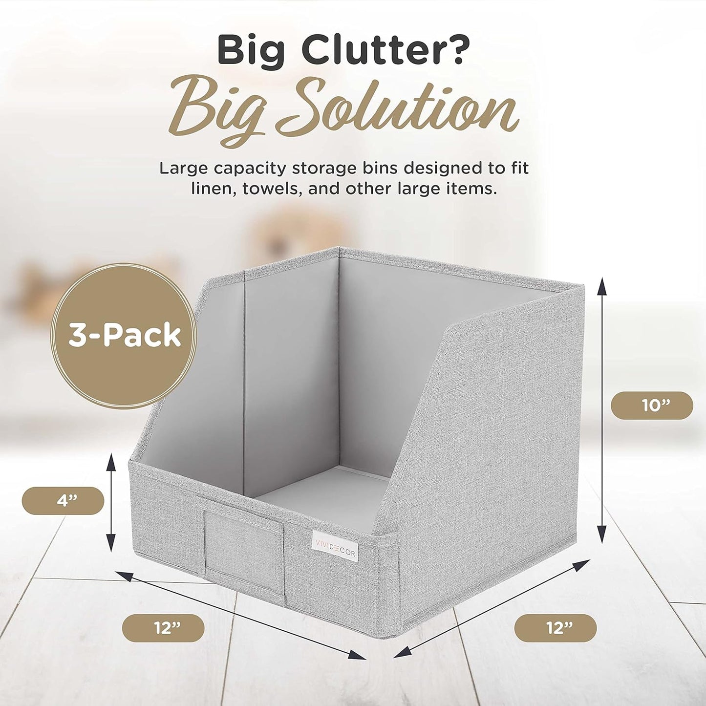 VIVIDECOR Trapezoid Closet Bins - Light Gray Fabric Storage Baskets, 12x12x10, 3 Pack | Collapsible Organizers