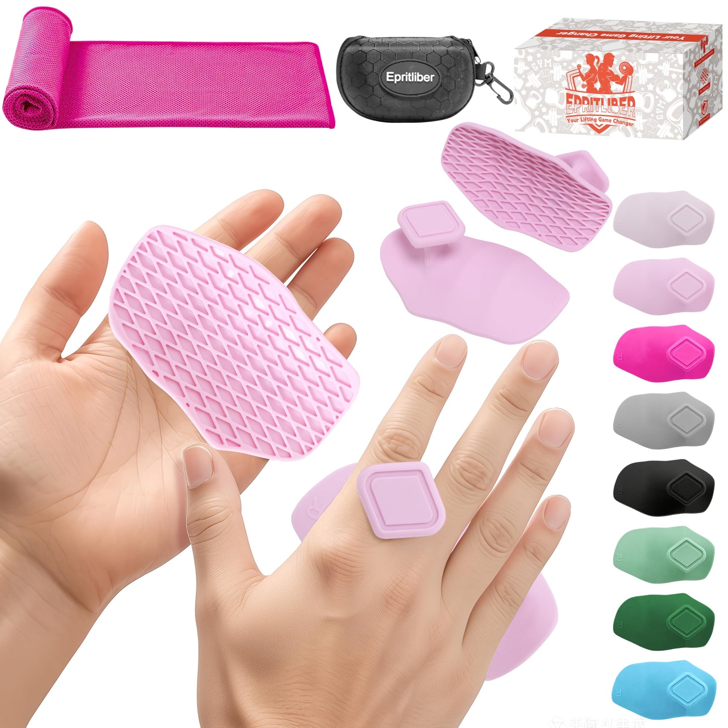 Epritliber Large Silicone Workout Grips Kit with Gym Towel &Storage Case,Weight Lifting Gloves Alternative,Gym Grips Gloves Gifts for Men Women,Gym Hand Palm Protection Pads for Dumbbell,Barbell,Rypt